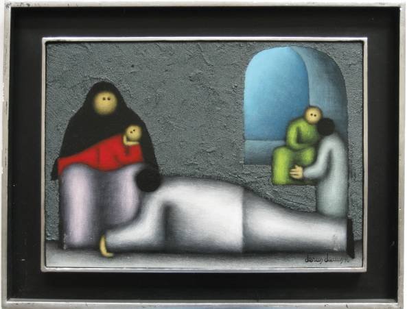 Jesus Mariano Leuss oil: Jesus Mariano Leuss- Figures by Window- oil on masonite, 1976, singed and dated lower right, very good condition. 10 x 14''