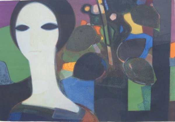 Andre Minaux lithograph in colors: Andre Minaux- ''Fenetre Au Bouquet'' (Sorlier 181)- lithograph in colors, 1967, signed and numbered 27/150 in pencil, heavily light struck, sever staining in right margin. 17 1/4 x 25 1/4''