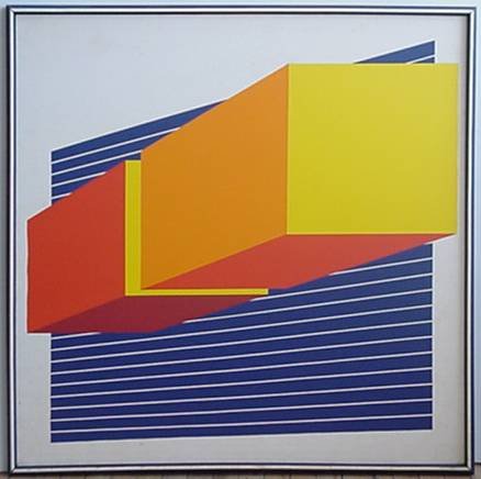 Earle Weiner- ''Floating Cubes''- acrylic: Earle Weiner- ''Floating Cubes''- acrylic on canvas, 1979, identification label on paper backing, some scuffs on canvas. 40 x 38''