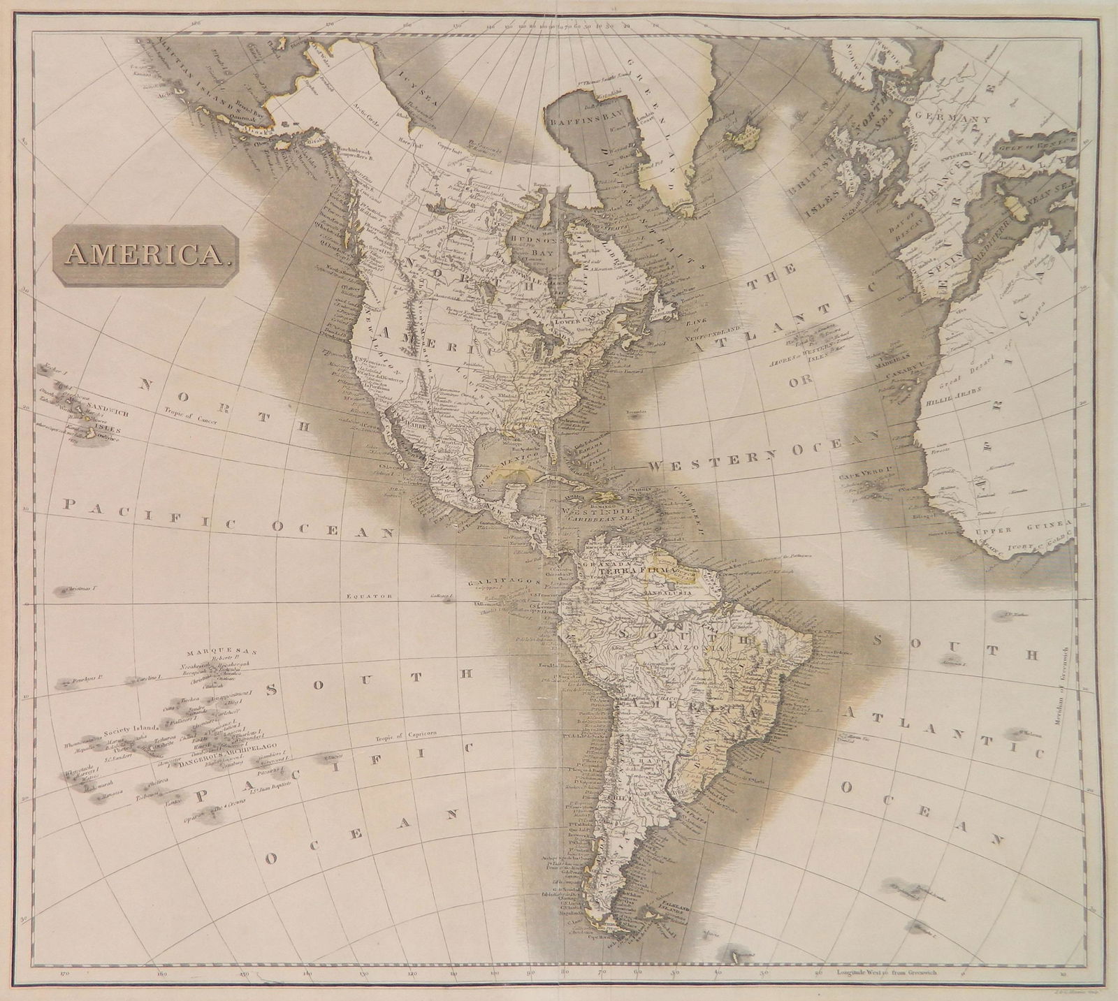 J. Thomson map- ''America'': A Map of ''America,'' John Thomson,- engraving depicting both North and South America, from Thomson's ''New General Atlas'', 1814. 18 x 20 1/4''
