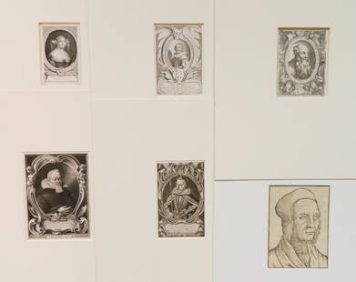 6 Portrait prints: 6 Portrait prints- 1.) Nicolas Edelinck (after Nanteuil)- ''Le Marquise de Sevigne''- etching and engraving; 2.) Michel Lasne- ''Portrait of Jacques Callot''- engraving, 1629; 3.) Enea Vico- ''Giobati