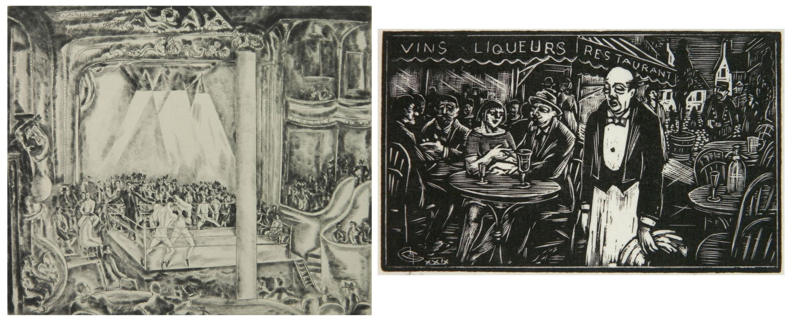2 Euroepan prints: 2 European prints 1). Hermine David (French 1886-1971)- ''Match Le Boxe''- drypoint, 1927, signed and numbered 28/58 in pencil. 8 x 9 1/2'' 2). Heinrich Glitenkamp (German 1887-1946)- ''Au Cafe (Paris