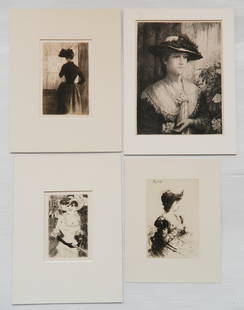 4 Etchings of women: 4 Etchings of women- 1.) I. M. Gaugengigl- ''Summer''; 2.) Norbert Goeneutte- ''Les Graveurs du XIX Siecle''; 3.) Jean-Louis Forain- Woman with Fan; 4.) Frederick Dielman- ''Eudora''- ca. 1888.