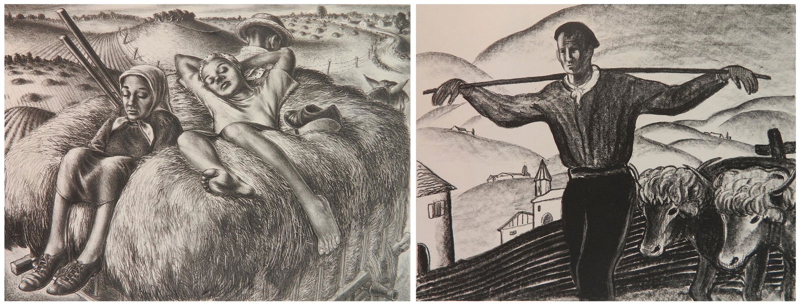 2 American prints: 2 American prints- 1.) Ture Bengtz (1907-1983)- Riders in a Hay Cart- lithograph, c. 1940, signed in pencil, approx. 1 3/4'' tear in image, 10 x 13 5/8''; 2.) Mabel Dwight (1875-1955)- ''Basque Countr