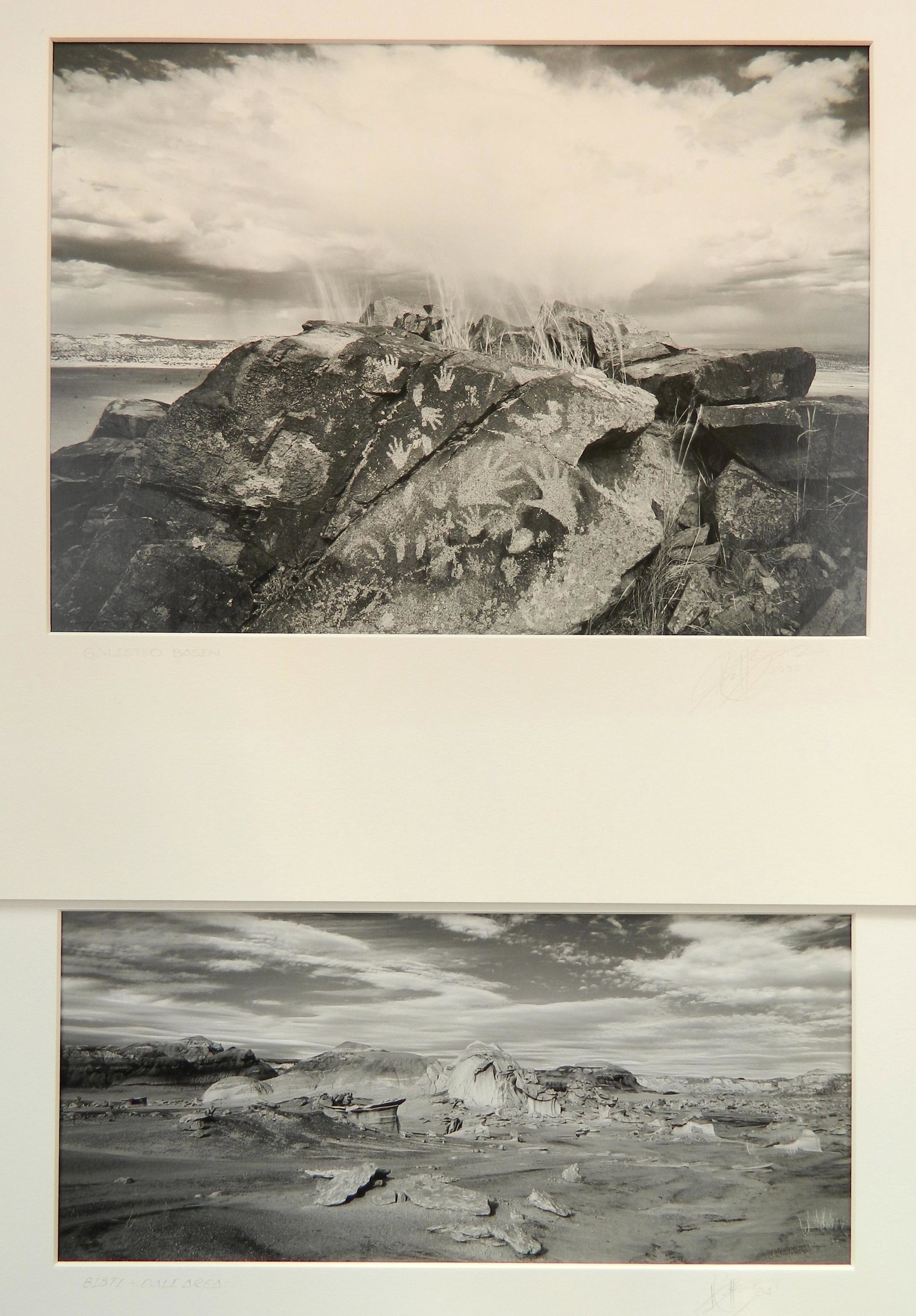 Kent Bowser 2 silver gelatin prints: Kent Bowser (American 1949- )- ''Galisteo Basin''; ''Bisti-Dali Area''- 2 silver gelatin prints, 1992, 1994, both, signed, titled and dated in pencil on the mount, very good condition. 8 1/2 x 12''; 5