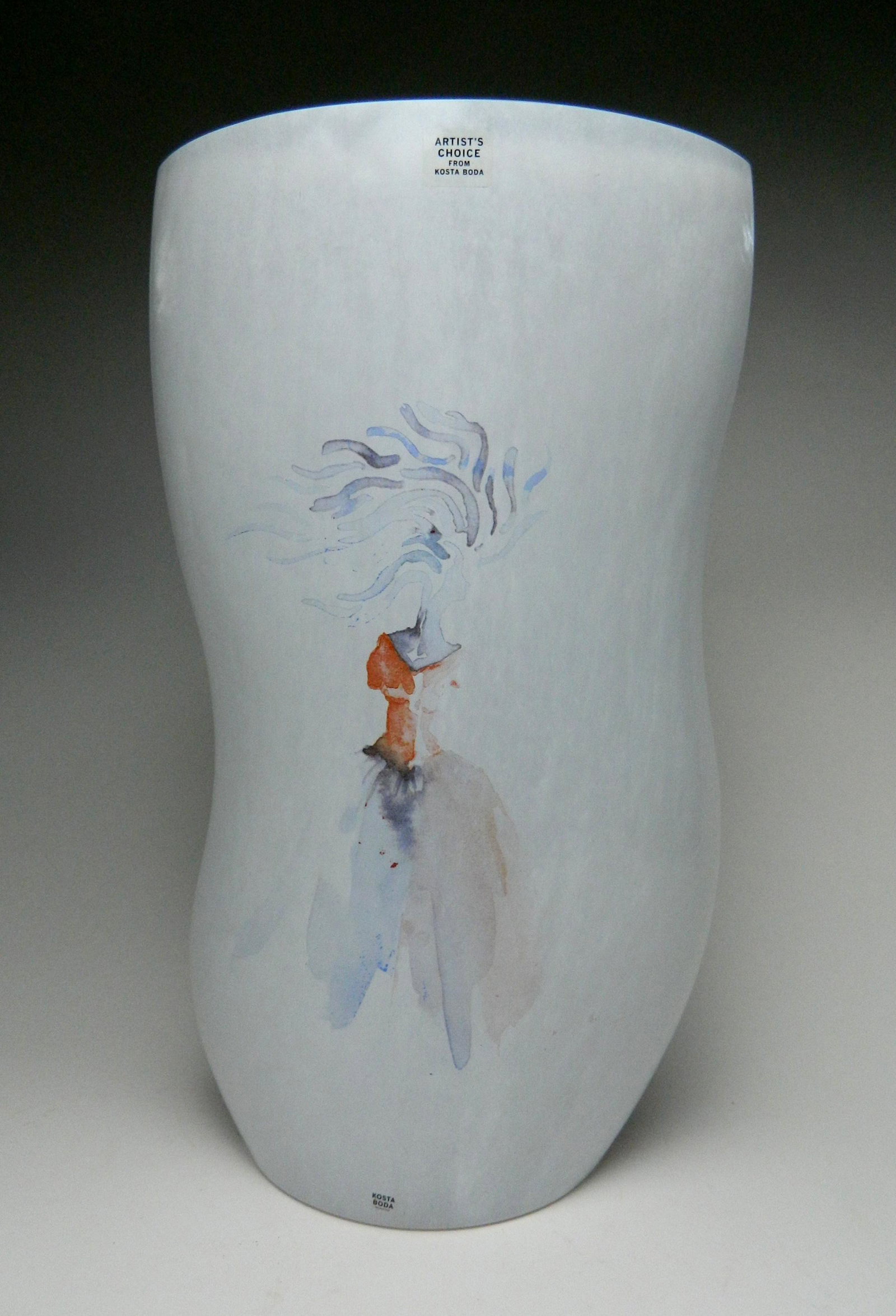 Kosta Boda glass 'Catwalk' vase: Kosta Boda glass vase- 'Catwalk' series, designed by Kjell Engman, signed Kosta Boda/ Engmann on bottom, mottled glass with abstract female motif, very good condition. 16 1/4''h