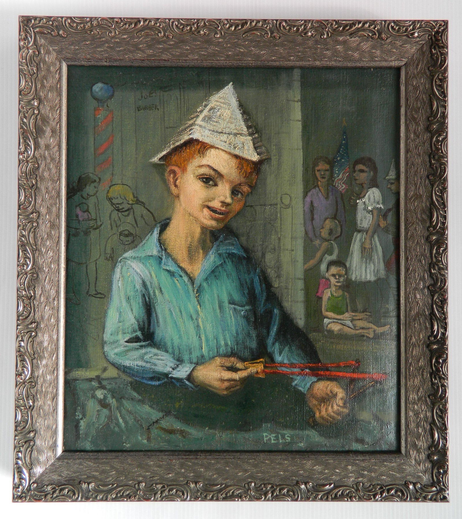 Albert Pels oil: Albert Pels (American 1910-1998)- Young Boy with Sling Shot- oil on canvas, signed Pels lower right, framed, very good condition. 16 x 14''