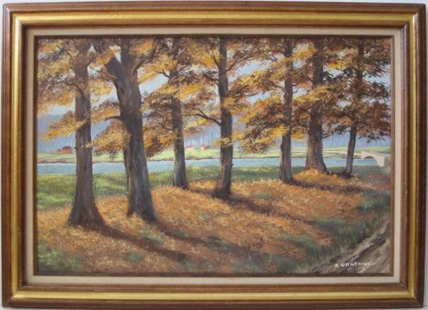 Ray Grathwol oil: Ray Grathwol- Landscape with Trees- oil on masonite, signed, very good condition. 24 x 26''