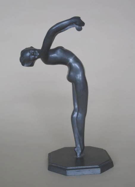 Frankart statue: Frankart white metal ashtray in the form of a dancer, marked Frankart 27, pottery inset missing, very good condition. 11''h