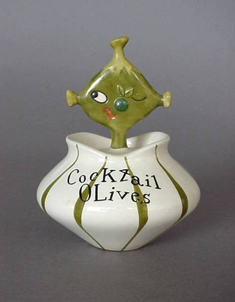 Holt Howard Pixieware Cocktail Olives: Holt Howard Pixieware 'Cocktail Olives', 1958, fork has been poorly reattached to handle, one small glaze chip on one ear. 5''h