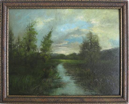 F. Tucker oil- Landscape: F. Tucker- Landscape with River- oil on panel, signed lower right. 14 x 18''