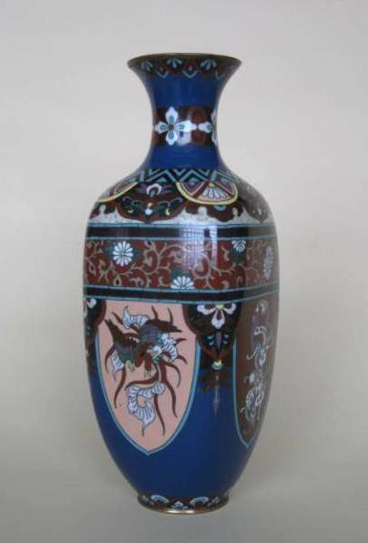 Cloisonne vase: Chinese cloisonne vase of square form with bird motif on deep blue ground, very good condition. 12 3/8''