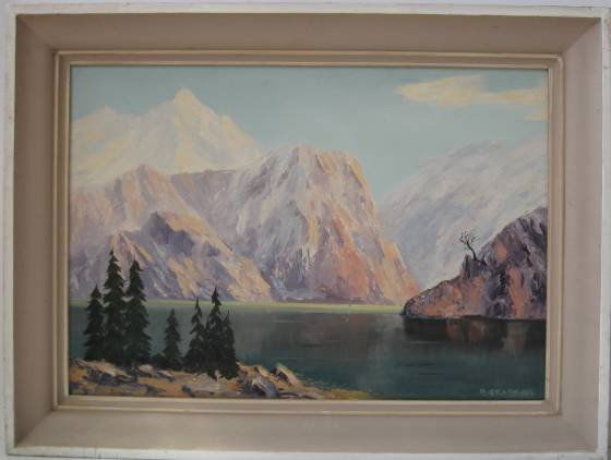 Ray Grathwol oil: Ray Grathwol- Landscape with Mountains and Rivers- oil on masonite, signed lower right, very good condition. 22 x 30''