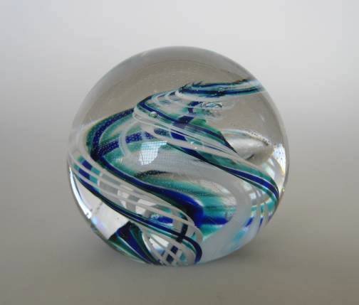 Harry Boyer glass paperweight: Harry Boyer glass paperweight, blue and turquoise swirl with controlled air bubble design, signed, very good condition.
