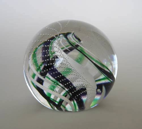 Harry Boyer glass paperweight: Harry Boyer glass paperweight, 1997, purple and green swirl with controlled air bubble design, signed and dated, very good condition.