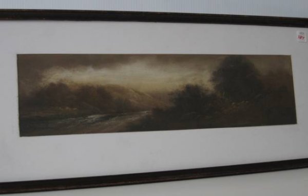 William Chandler pastels: William Henry Chandler- Man Fishing and Landscape with River- 2 pastels on paper, both signed, 1 has repaired tear, some smudging. 5 5/8 x 21 7/8''; 7 1/2 x 9''