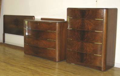 Art Deco bedroom set: 1940's Art Deco bedroom set comprising, double bed, 5 drawer chest and 4 drawer chest with mirror.