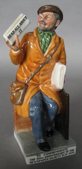 Royal Doulton Porcelain Figurine: Royal Doulton Porcelain Figurine- ''The Newsvendor'' HN 2891, designed by William K. Harper, issued in 1986 in a limited edition of 2500, this is #1723, very good condition. 8''