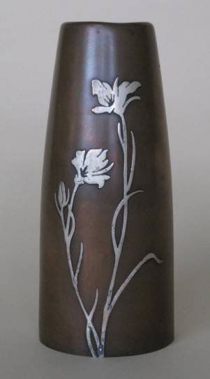 Silvercrest bronze vase: Silvercrest bronze vase of tapering form with applied sterling silver flowers, marked. 6''