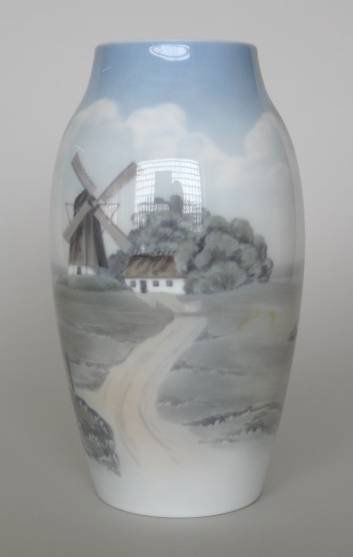 Bing & Grondahl porcelain vase: Bing & Grondahl porcelain vase decorated with panoramic landscape with windmill, marked, very good condition. 9 3/4''h