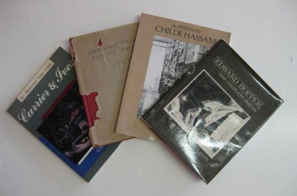 5 books on American prints: 5+ books on American prints- some on artists including Edward Hopper, Childe Hassam and others, also 1 book on shooting prints, overall fair condition, dust jackets worn, 1 book missing front cover an