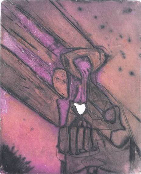 Benny Bonce etching and aquatint: Benny Bonce- Abstract- etching and aquatint in colors, signed, titled and numbered 2/10 in pencil, slight mat burn, minor soiling, otherwise good condition. 7 1/2 x 6 1/8''