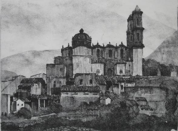 Alson Clark lithograph: Alson Clark- Mexican Village- lithograph, signed an annotated #22 in pencil, very slight mart burn, some abrasions and thin spots in paper in the margins. 9 x 12''