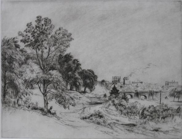 Stevan Csoka etching: Stevan Csoka- Brooklyn Landscape - 1995- etching, signed, dated and titled in pencil, edition of 100, presentation print for The Society of American Etchers, good condition. 8 1/2 x 10 7/8''