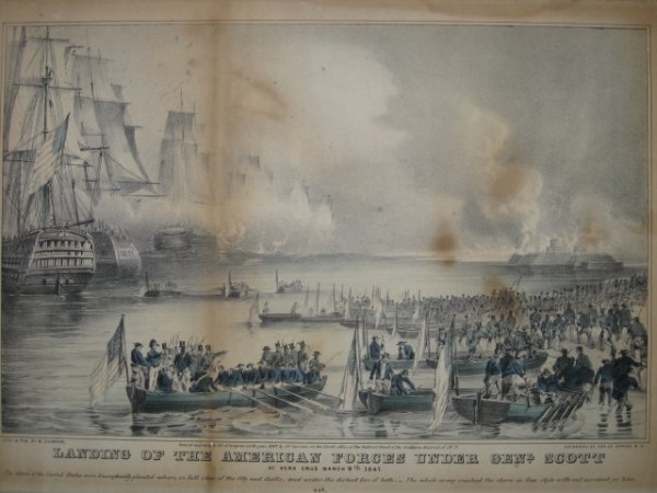 Currier & Ives lithograph: Currier & Ives- ''Landing of the American Forces Under General Scott: at Vera Cruz'' (Gale Research 3701)- lithograph with hand-coloring, 1847, age light and mat toned, some minor foxing. 8 3/8 x 13 1