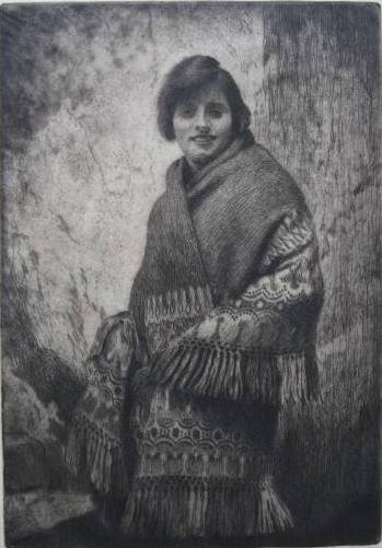 Morgan Dennis etching: Morgan Dennis- Woman in Shawl- etching, signed in pencil, two old paper tape hinges otherwise very good condition. 8 1/8 x 5 3/4''