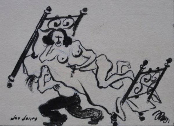 Joe Jones pen and ink: Joe Jones- Bed Carrier- pen and ink, signed lower left. Provenance: Estate of William Gropper. 4 x 5 1/4''