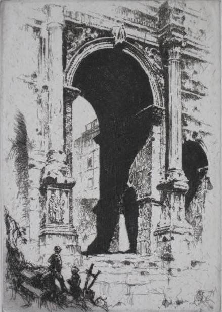 Otto Kuhler etching: Otto Kuhler- Roman Arch- etching, signed in pencil, slight mat burn, otherwise very good condition. 7 5/8 x 5 3/8''