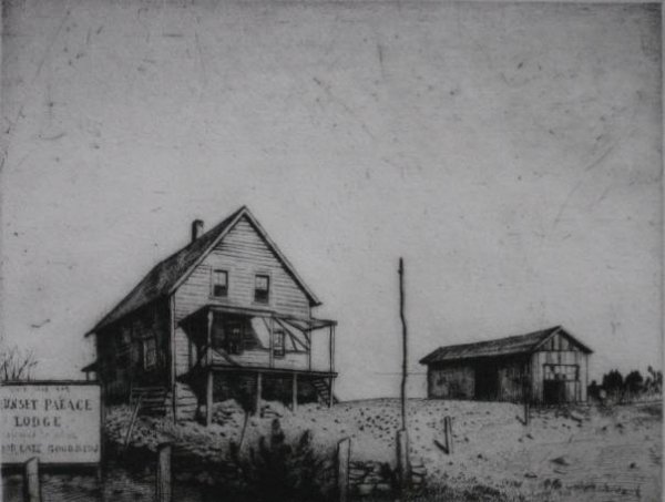 Armin Landeck etching: Armin Landeck- ''Sunset Palace Lodge'' (Kraeft 69)- etching, 1938, signed, dated and annotated 'Ed. 100' in pencil, very good condition. 6 x 7 7/8''