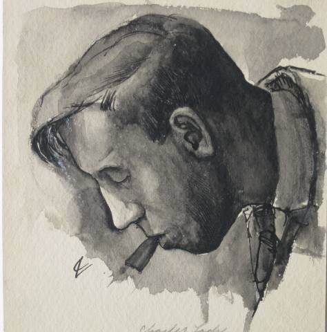 Charles W. Locke ink wash: Charles W. Locke- Man Smoking A Cigar- ink wash on illustration board, signed in pencil, minor stains and smudges, otherwise good condition. 7 x 7''