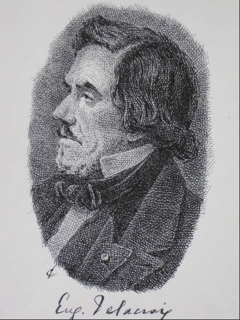 Charles W. Locke pen and ink: Charles W. Locke- ''Eugene Delacroix''- pen and ink on paper, initialed lower left, some staining especially on very edges of all margins, otherwise good condition. 6 x 4''