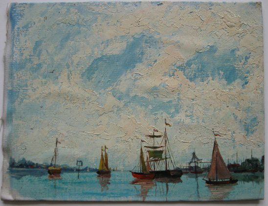 Albert Pels oil: Albert Pels- ''Long Beach Island Boat Basin''- oil on canvas laid to cardboard, very good condition. 8 x 10 1/4''