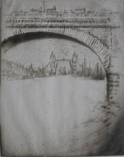 Joseph Pennell etching: Joseph Pennell- ''London Bridge to Tower Bridge'' (Wuerth 377)- etching, 1905, signed in pencil, edition of about 50, slightly light struck, minor soiling in margins. 10 x 8''