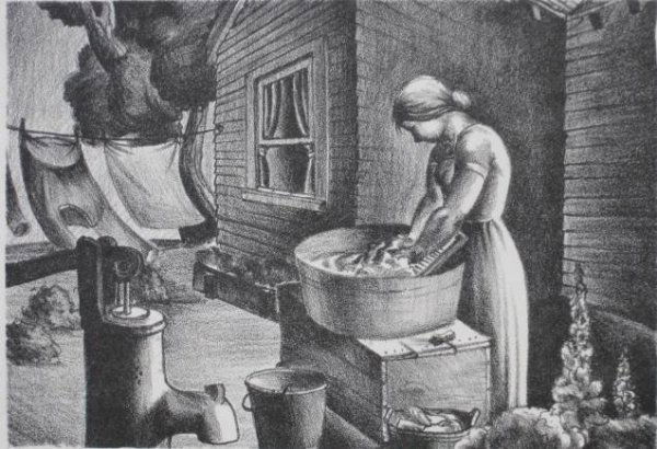 Barney M. Reid lithograph: Barney M. Reid- Wash Day- lithograph, signed and annotated #7 in pencil, one spot of foxing right margin, otherwise very good condition. 5 1/4 x 7 5/8''