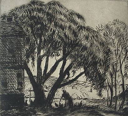 Grant Reynard etching: Grant Reynard- ''Mandy's Place''- drypoint, signed in pencil, published for the Miniature Print Solciety, 3 paper tape hinges at top otherwise very good condition. 4 1/2 x 5''