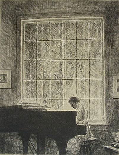 Grant Reynard etching: Grant Reynard- Woman at Piano- etching, signed in pencil, margins trimmed still 1/2'' margins, foxing in margins otherwise very good condition. 8 1/2 x 10 3/4''