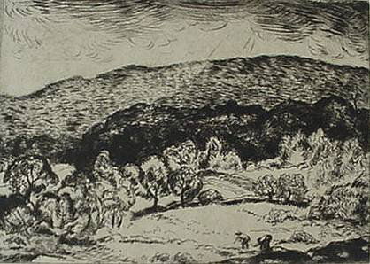 Grant Reynard etching: Grant Reynard- ''Cornwallis Farms''- drypoint and etching, signed in pencil, edition of 75, old paper tape hinges otherwise very good condition. 5 x 7''