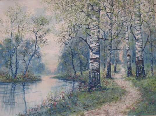Raphael Sensiman watercolor: Raphael Sensiman- Spring Landscape with River- watercolor on paper, signed, paper age toned. 22 x 30''