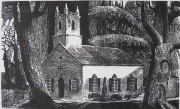 Lynd Ward wood engraving: Lynd Ward- ''Historic Christ Church''- wood engraving, signed, titled and numbered 219/250 in pencil, some smudges in margins, crease lower left margin, otherwise good condition. 9 x 15''