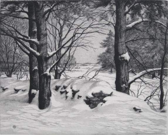 Ronau Woiceske drypoint: Ronau Woiceske- Drifted Snow- drypoint, 1936, published by AAG in an edition of about 200, tape glue residue and staining upper corners, otherwise very good condition. 8 x 9 7/8''