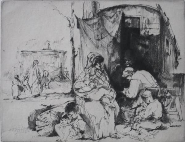 Auguste Brouet etching: Auguste Brouet- ''Mender of Chairs''- etching, signed and numbered 32/100 in pen, mat burn, old masking tape along top edge verso. 6 3/4 x 8 5/8''