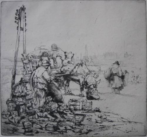 Auguste Brouet etching: Auguste Brouet- ''Marche A St.(?)''- etching, signed and numbered 48/100 in pencil, light struck, old masking tape along top edge verso. 7 1/4 x 7 3/4''