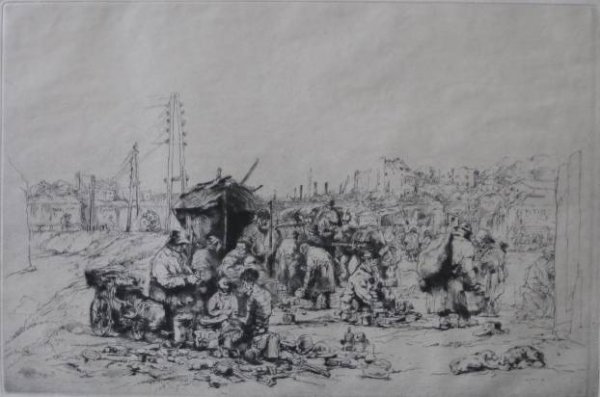 Auguste Brouet etching: Auguste Brouet- Porte Michalet Rouen, France- etching, signed and numbered 12/40 in pencil, paper age toned, old masking tape along top edge verso. 8 1/4 x 12 3/8''