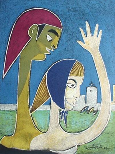 Jean Cocteau lithograph: Jean Cocteau- ''Le Pecheur et la Jeune Fille''- lithograph in colors, very good condition. 28 1/4 x 21 1/4'' (sheet)