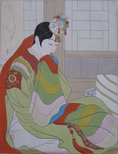 Paul Jacoulet woodblock: Paul Jacoulet- ''La Mariee, Seoul Corree'' (Miles 91)- woodblock in colors, 1948, signed in pencil, owl seal, carved by Kentaro Maeda, faint foxing in upper right corner, otherwise very good condition