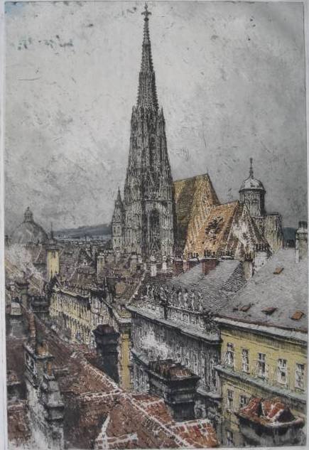 Luigi Kasimir etching: Luigi Kasimir- European Scene- etching in colors, signed and numbered 99/350 in pencil, mounted to a support sheet, soiling in margins. 15 3/8 x 10 1/4''